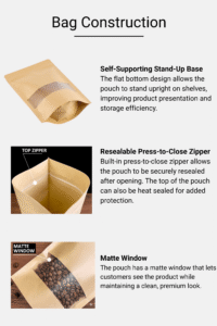 kraft paper stand up pouches with window and zip closure