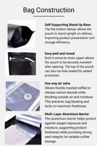 stand up coffee pouches with one way degassing valve